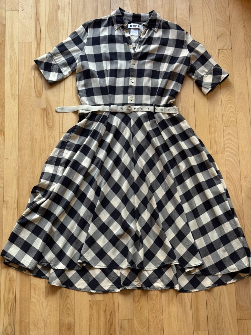 HOPE Gingham Midi Dress Navy White | Scandinavian Minimalist | Size M